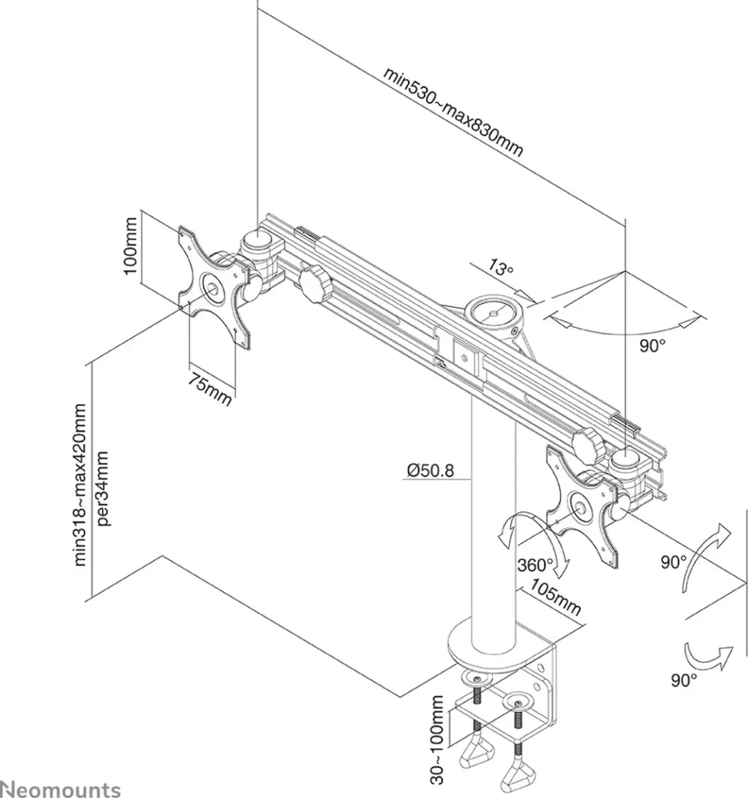 Neomounts FPMA-D700D Monitorarm 2 schermen - 19-30" - 0-8 kg/scherm - Zwart - afbeelding 6 van 6