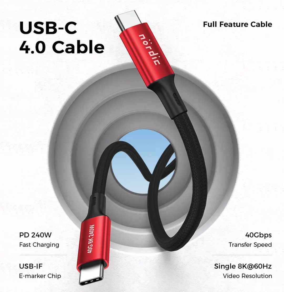 NÖRDIC USB4-4103 USB-C Kabel 240W - 8K 60Hz - 1m - Rood