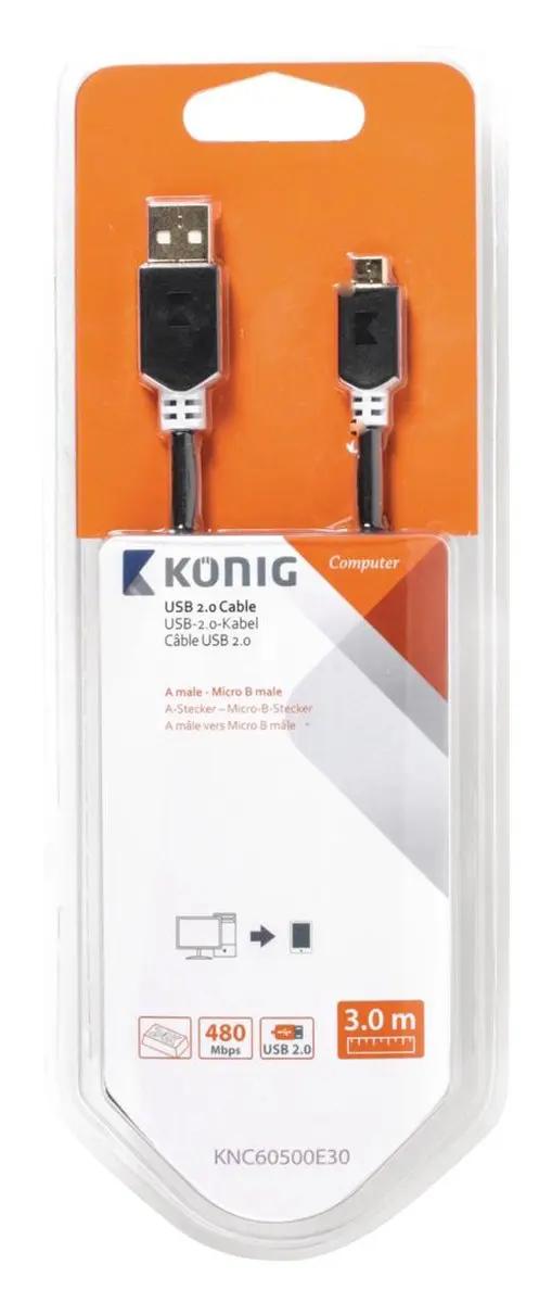 Konig USB 2.0 A Male naar Micro Male Kabel - 3m - Grijs