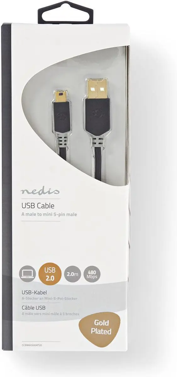 Nedis USB 2.0 A naar Mini-B Kabel 2m - Verguld - Antraciet