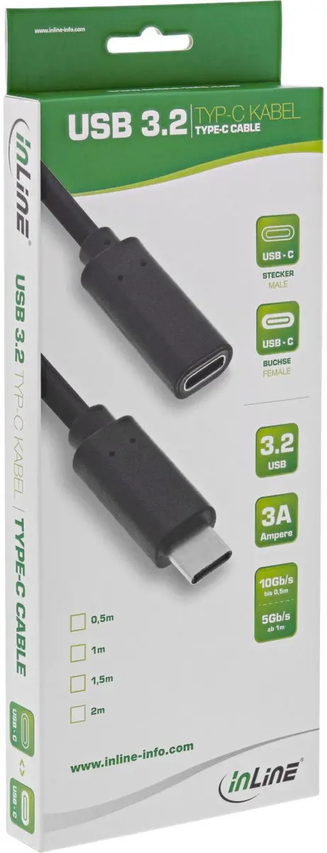 InLine USB-C Verlengkabel 3.0 1,5m - 20V/3A - Zwart