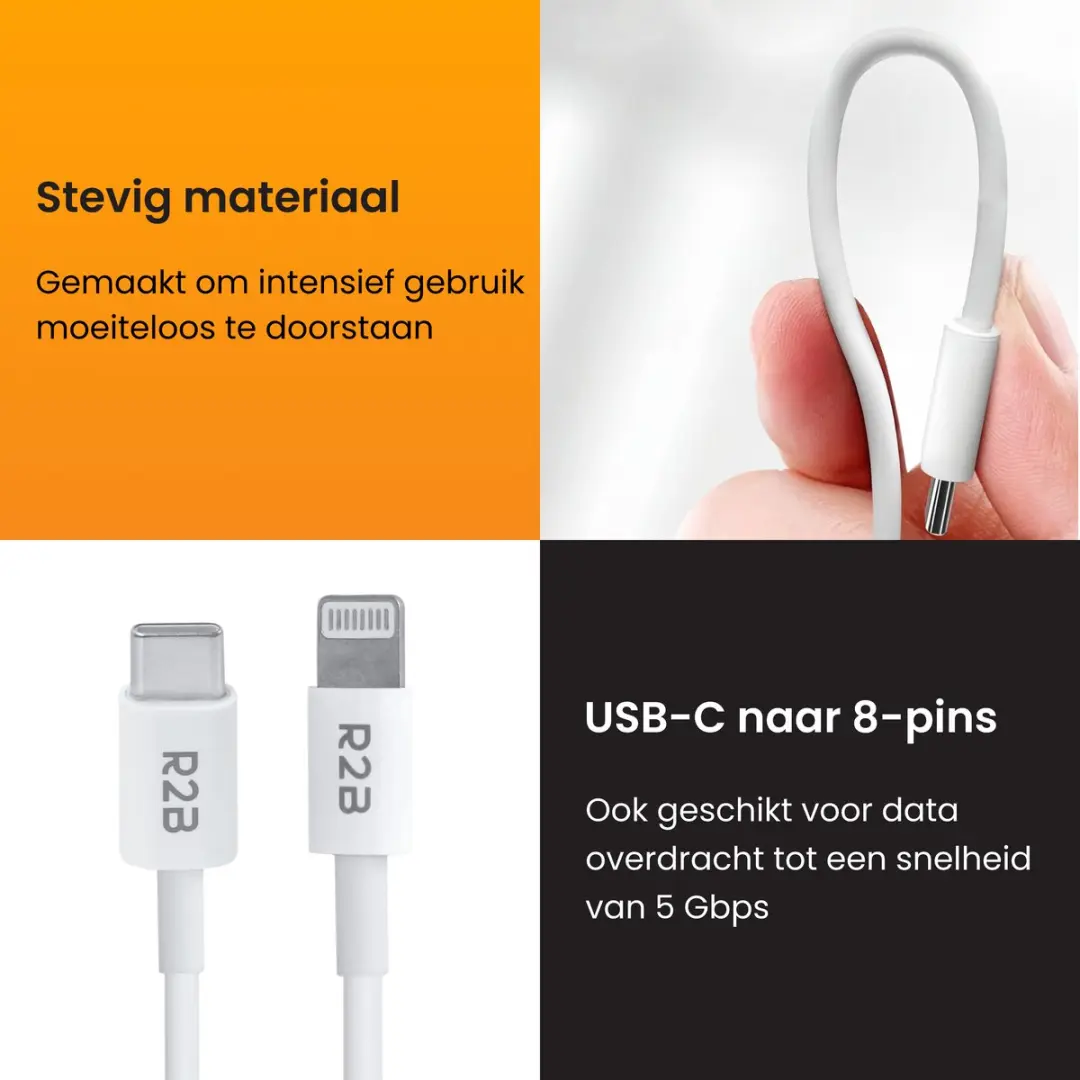 R2B USB-C naar Lightning Oplaadkabel 2m - Extra Stevig