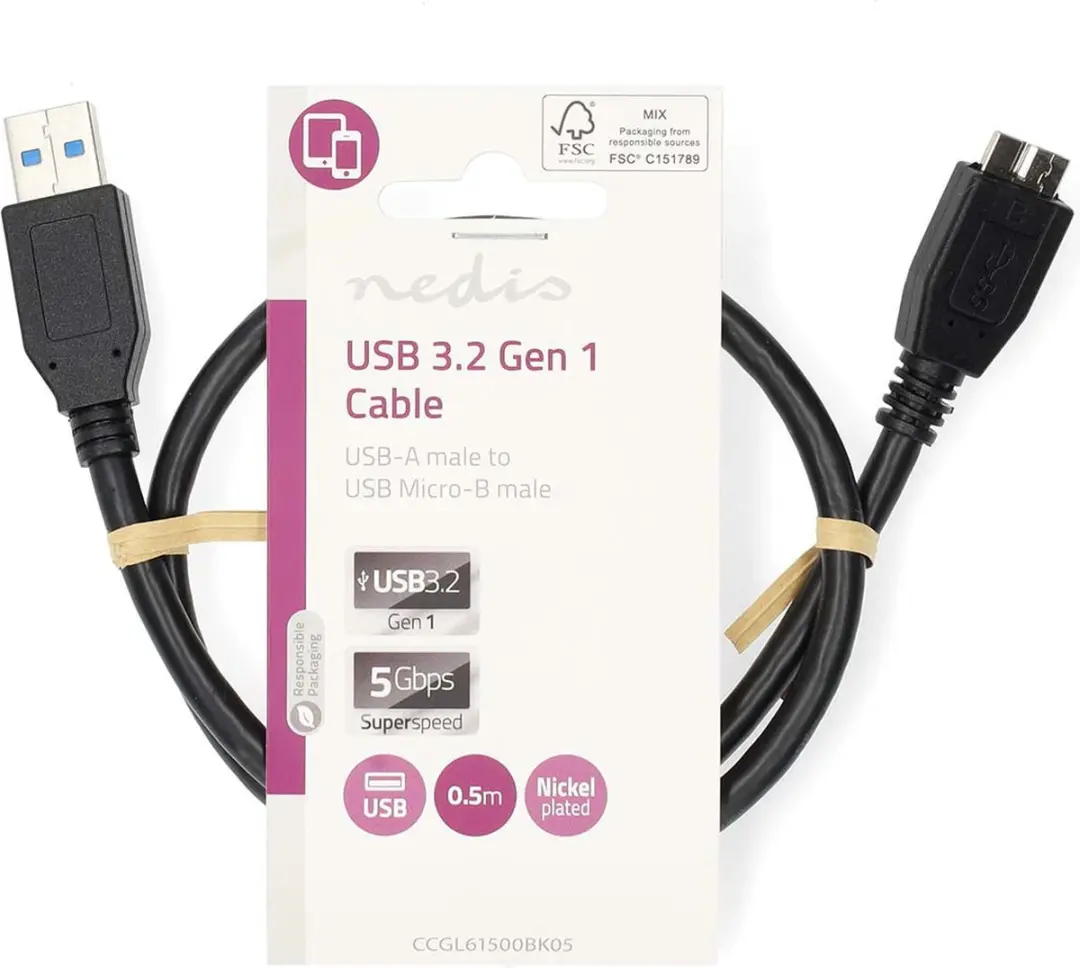 Nedis USB 3.2 Gen 1 A-MicroB Kabel 5Gbps 0,5m - Zwart