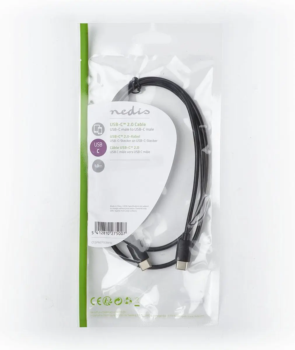Nedis USB-C Kabel 60W 1m - USB 2.0 Male - Zwart