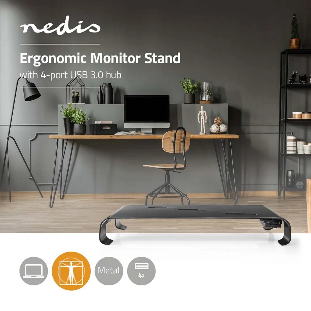 Nedis ERGOMFSU3400BK Monitorstandaard - 18kg - USB Hub - Zwart