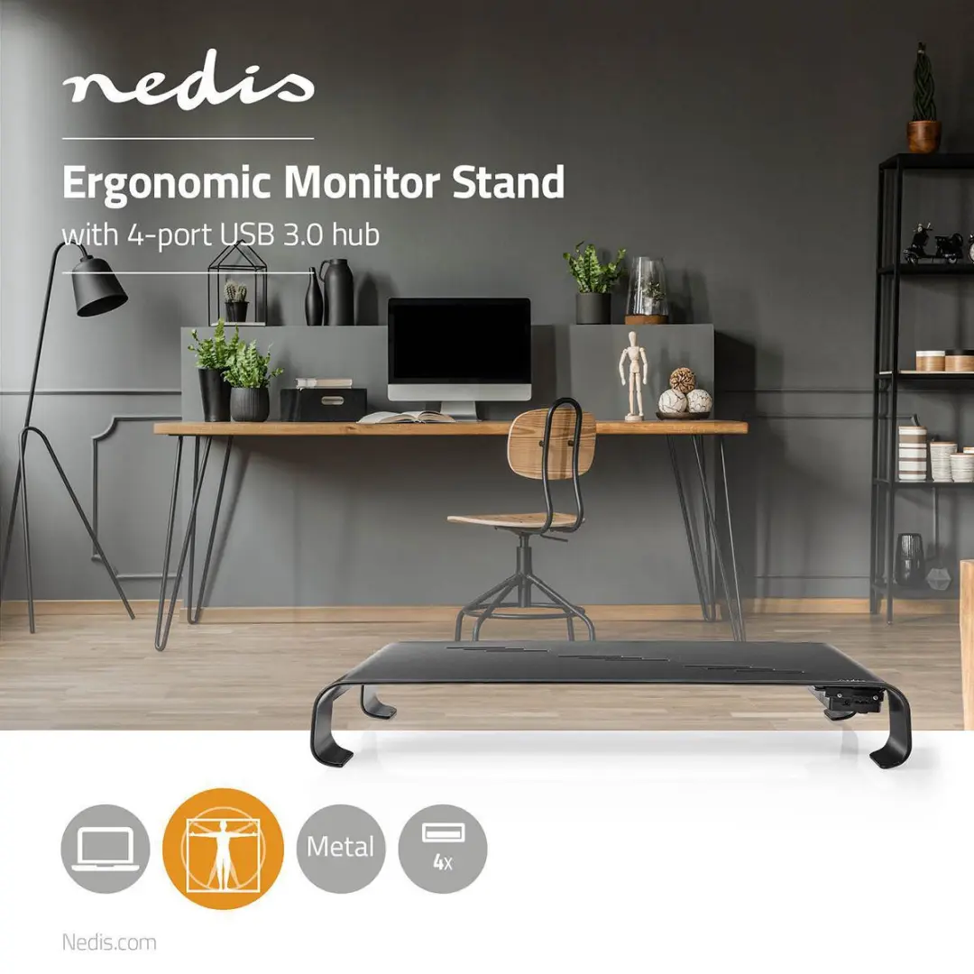 Nedis ERGOMFSU3400BK Monitorstandaard - 18kg - USB Hub - Zwart