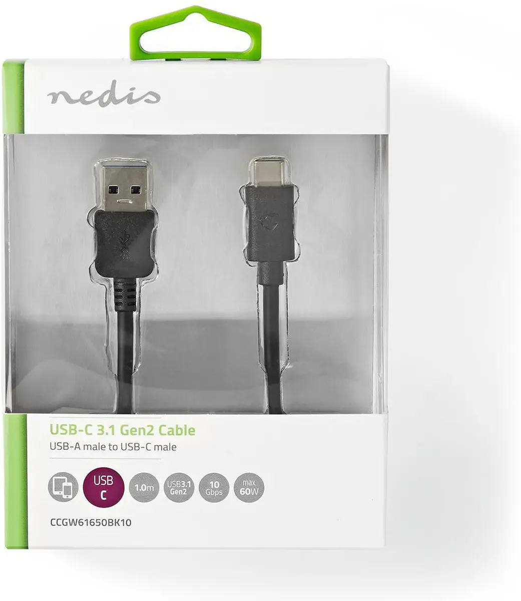 Nedis USB 3.2 Gen 2 USB-A naar USB-C Kabel 60W 1m - Zwart