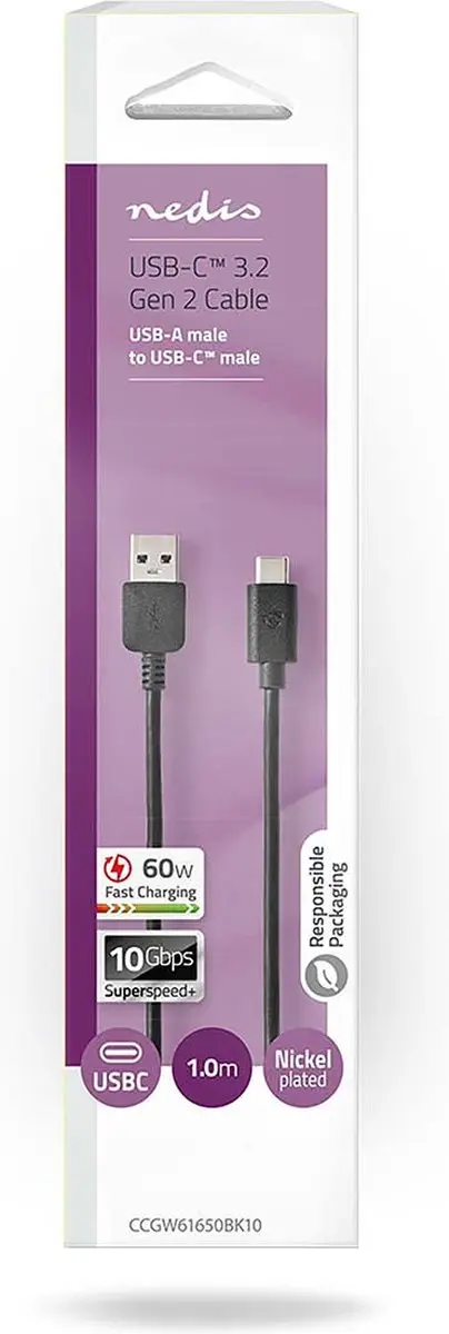 Nedis USB 3.2 Gen 2 USB-A naar USB-C Kabel 60W 1m - Zwart