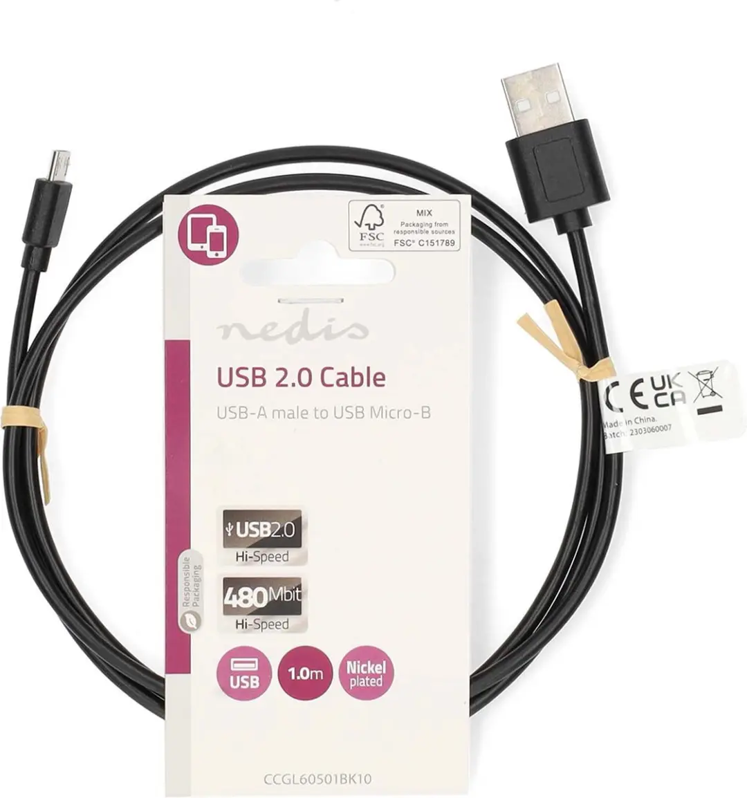 Nedis USB 2.0 Kabel A-MicroB 1m - 480 Mbps - Zwart