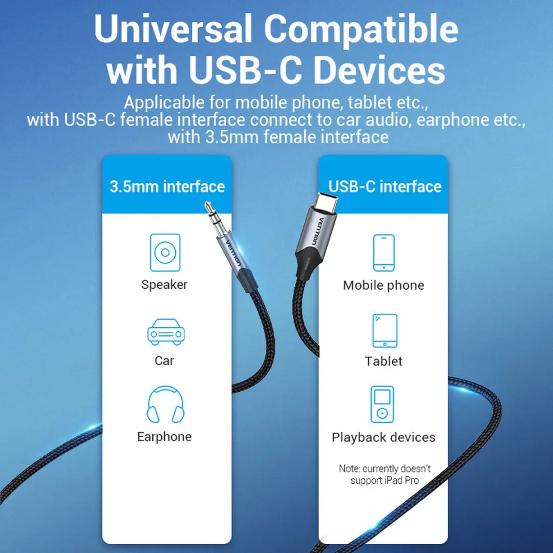 Vention USB-C naar 3.5mm AUX Kabel 1m - Zwart