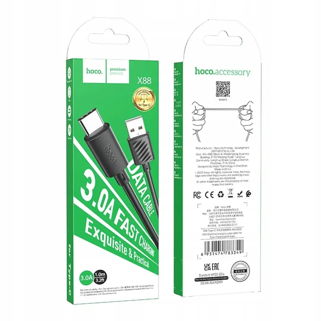 Hoco USB-C Kabel 3A 1m - Zwart