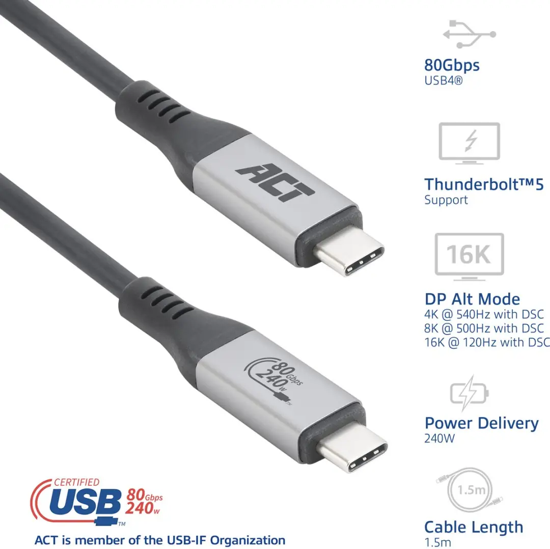 ACT USB4 Thunderbolt 5 Kabel 80Gbps 240W AC7452 - Zwart