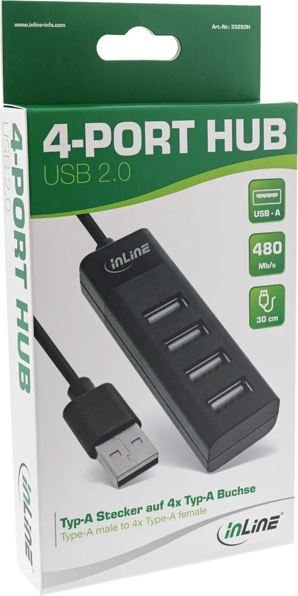 InLine USB Hub 4x USB-A 0,3m - Zwart