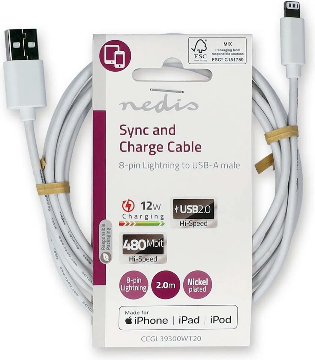 Nedis Lightning Kabel CCGL39300WT20 - USB-A - 2m - Wit
