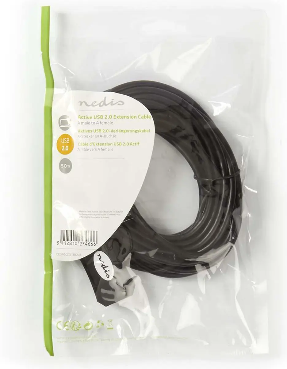Nedis Actieve USB-Kabel CCGP60EXTBK50 - USB-A Male/Female - 5m - Zwart