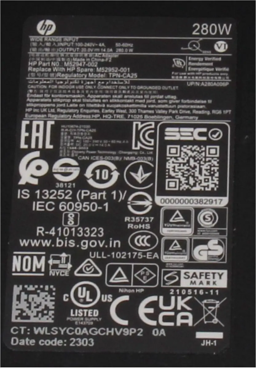 HP M52952-001 Laptopoplader 280W - Zwart