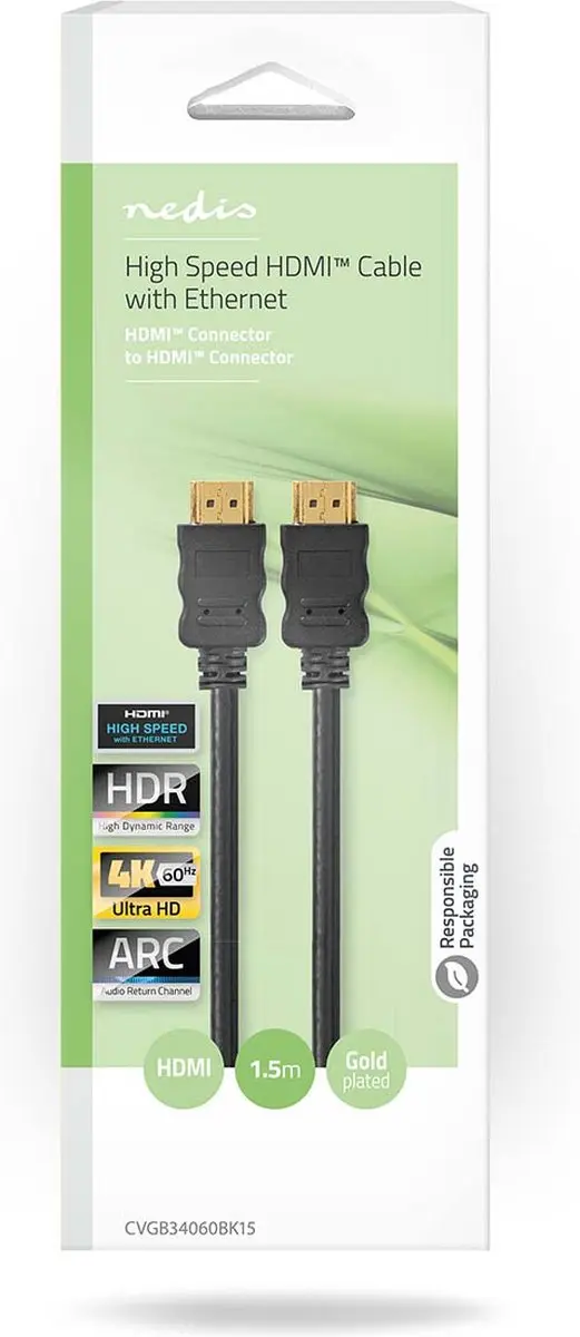 Nedis HDMI-Kabel CVGB34060BK15 4K@60Hz - 1.5m - Zwart