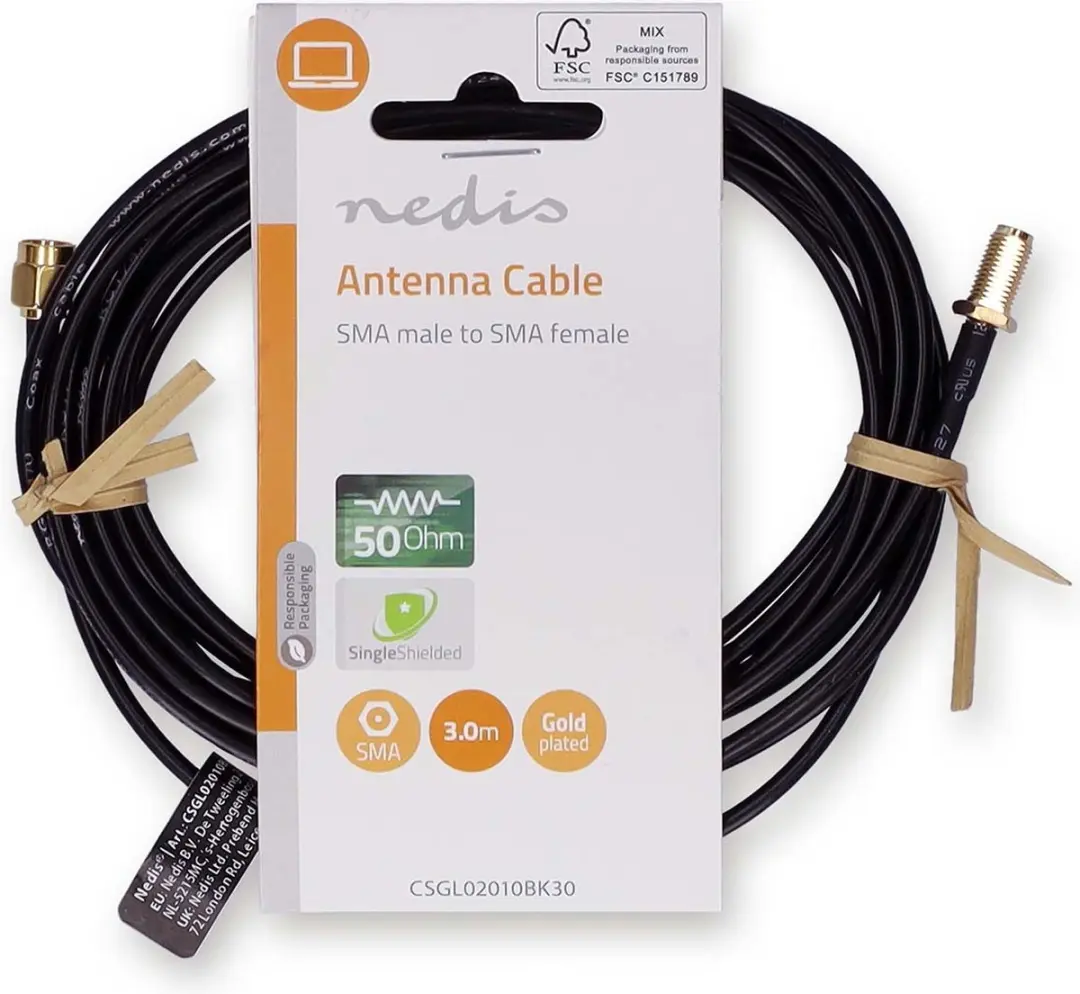 Nedis Antennekabel SMA Male-Female 3m - Verguld - 50 Ohm - Zwart