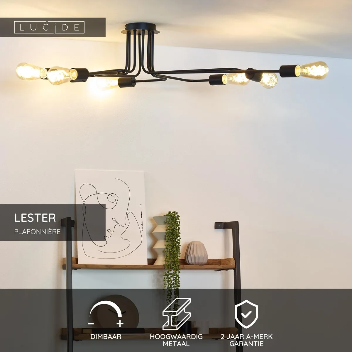 Lucide Lester Plafondlamp 8xE27 - Zwart