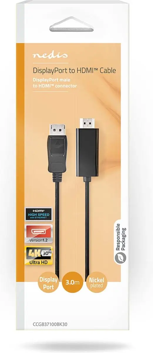 Nedis DisplayPort-HDMI Kabel 3.0m - 4K@30Hz - Zwart