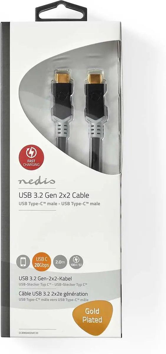 Nedis CCBW64020AT20 USB-C Kabel 2m - 100W 4K@60Hz - Verguld - Antraciet
