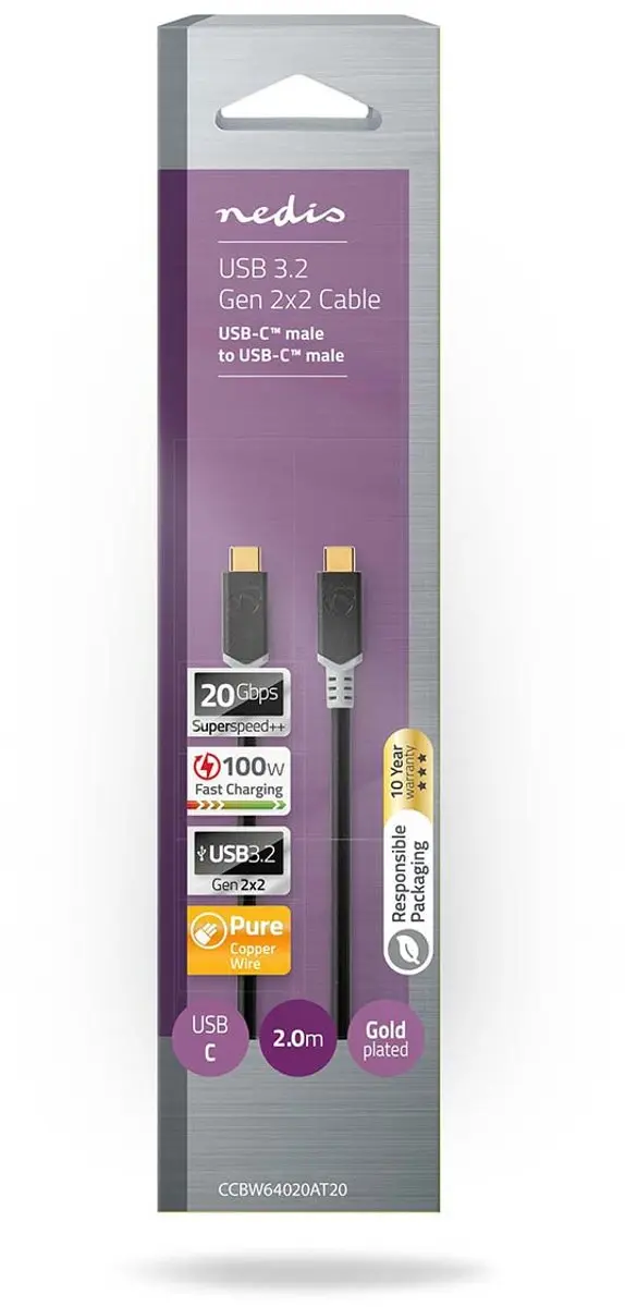 Nedis CCBW64020AT20 USB-C Kabel 2m - 100W 4K@60Hz - Verguld - Antraciet