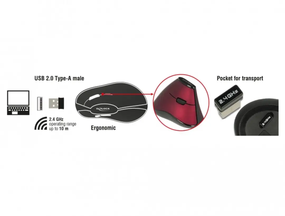 Delock 12528 Draadloze USB Muis - 1000 DPI - Zwart/Rood