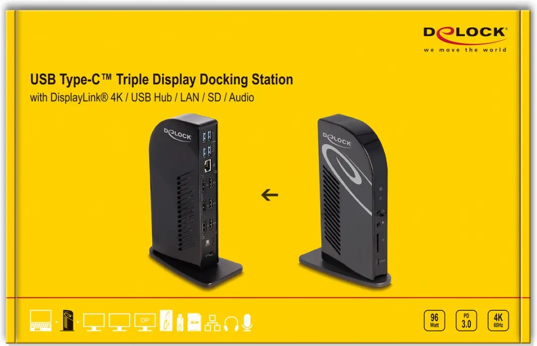Delock 88051 USB-C Triple Display Docking Station - 96W - Zwart