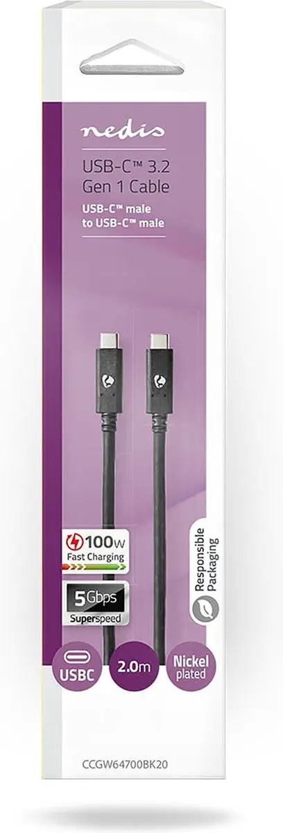 Nedis USB-C Kabel CCGW64700BK20 100W 5Gbps 2m - Zwart