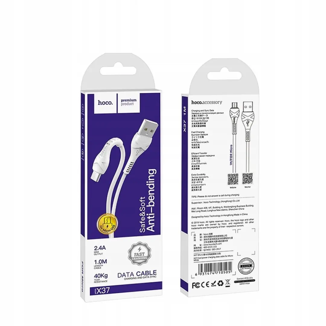 Hoco X37 Micro USB Kabel 1m - 2.4A Snelladen - Wit