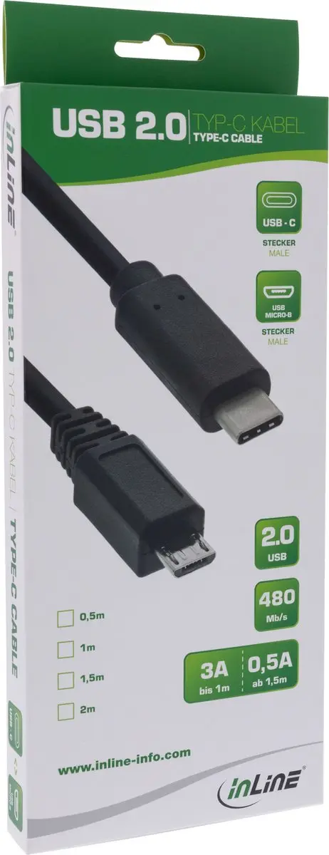 InLine USB-C naar USB Micro-B Kabel 2m - USB 2.0 - Zwart