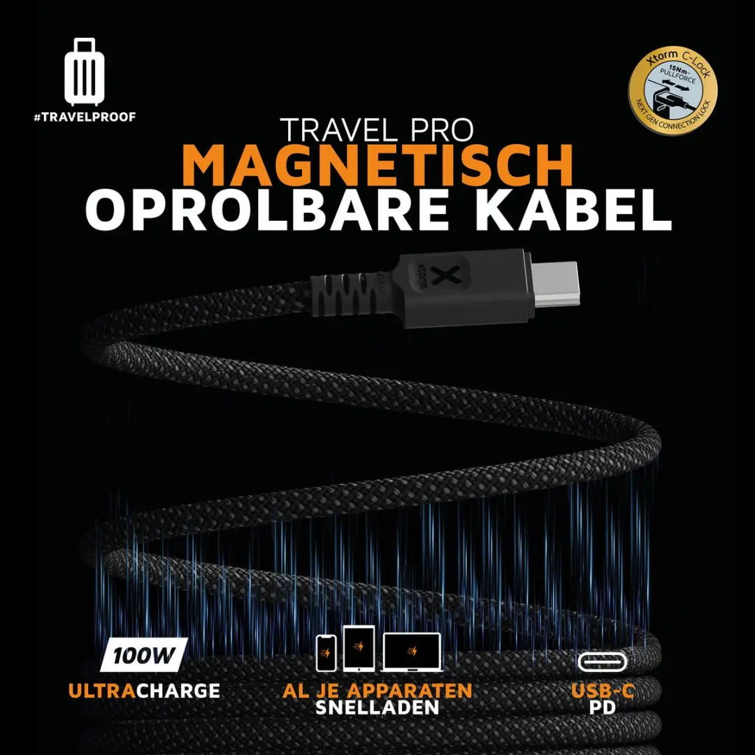 Xtorm TravelPro Magnetic USB-C PD 100W Kabel 1m - Zwart