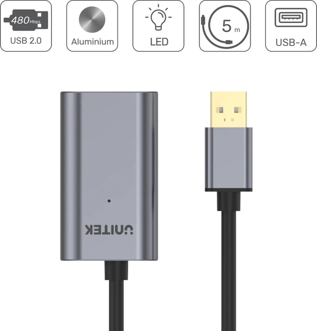 UNITEK Y-271 USB-kabel 5m - USB 2.0 A - Grijs