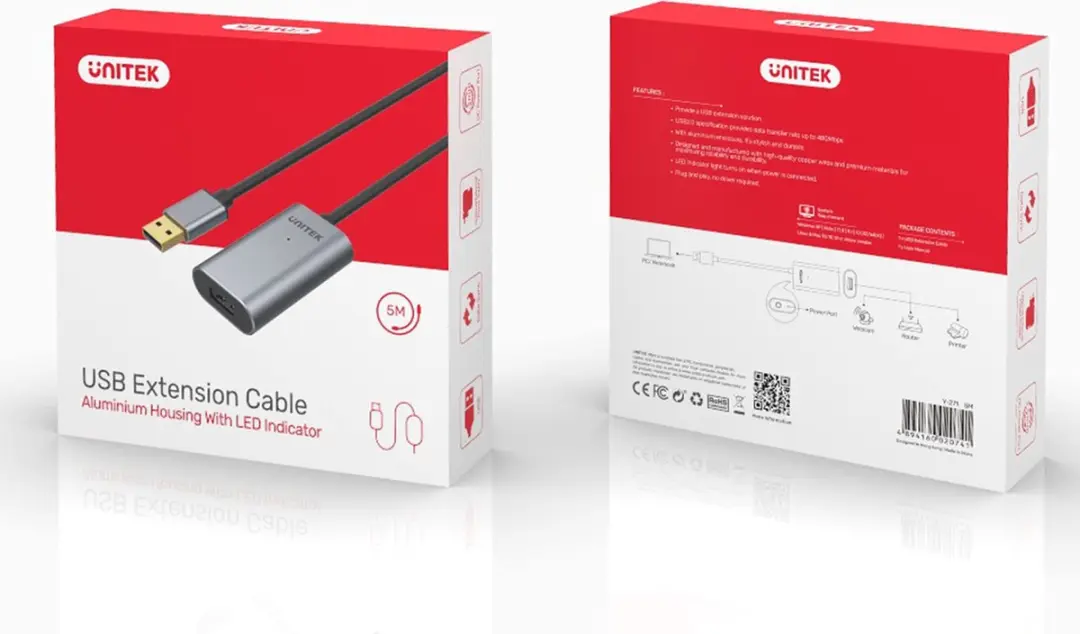 UNITEK Y-271 USB-kabel 5m - USB 2.0 A - Grijs