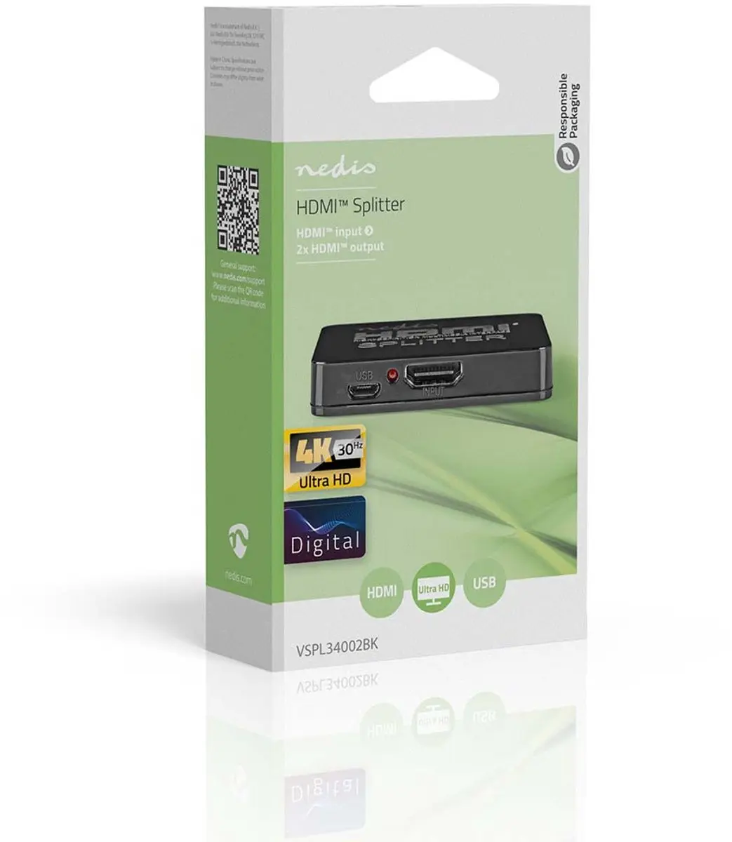 Nedis HDMI-Splitter VSPL34002BK - 2x HDMI Output - 4K@30Hz - Zwart