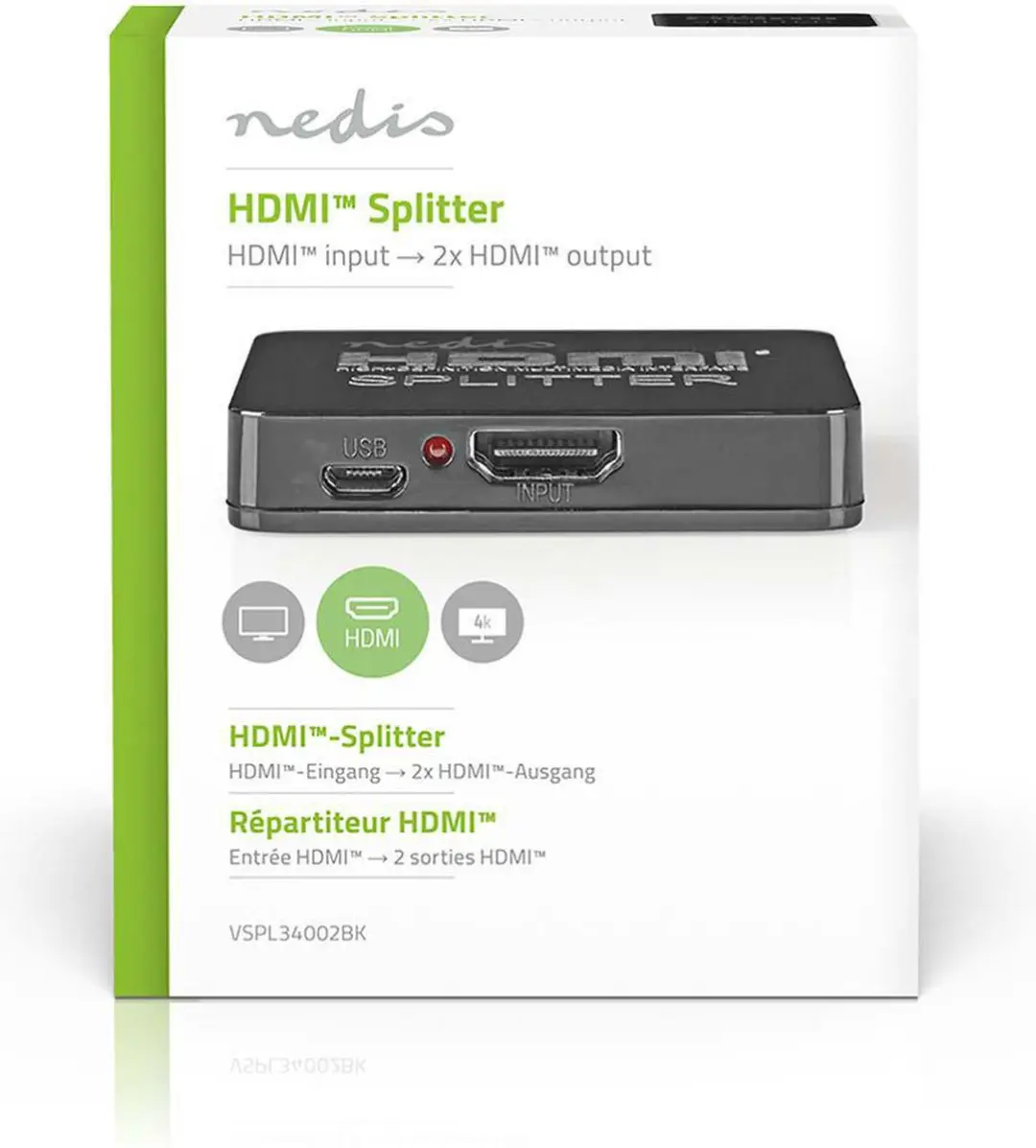 Nedis HDMI-Splitter VSPL34002BK - 2x HDMI Output - 4K@30Hz - Zwart - afbeelding 6 van 6