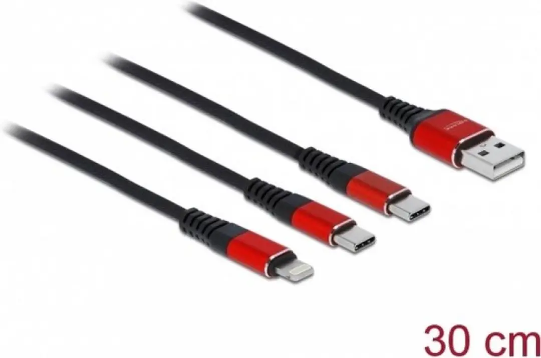 Delock USB 3-in-1 Opladerkabel 30cm - Type-A naar Lightning & 2x USB-C - Zwart/Rood