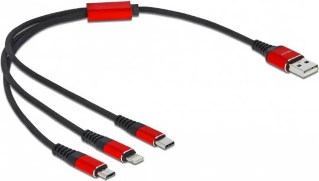 Delock USB 3-in-1 Opladerkabel 30cm - Type-A naar Lightning & 2x USB-C - Zwart/Rood