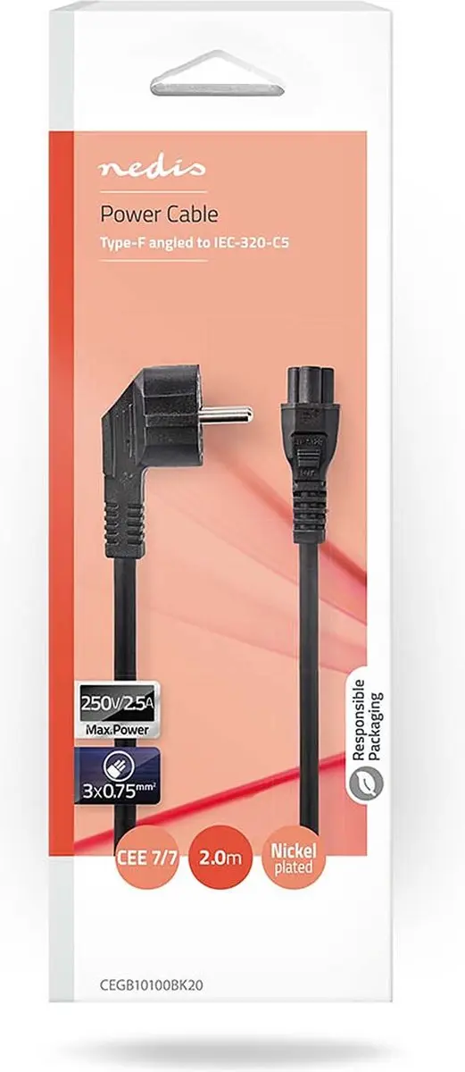 Nedis Stroomkabel Type F CEGB10100BK20 - 2m - Gehoekt