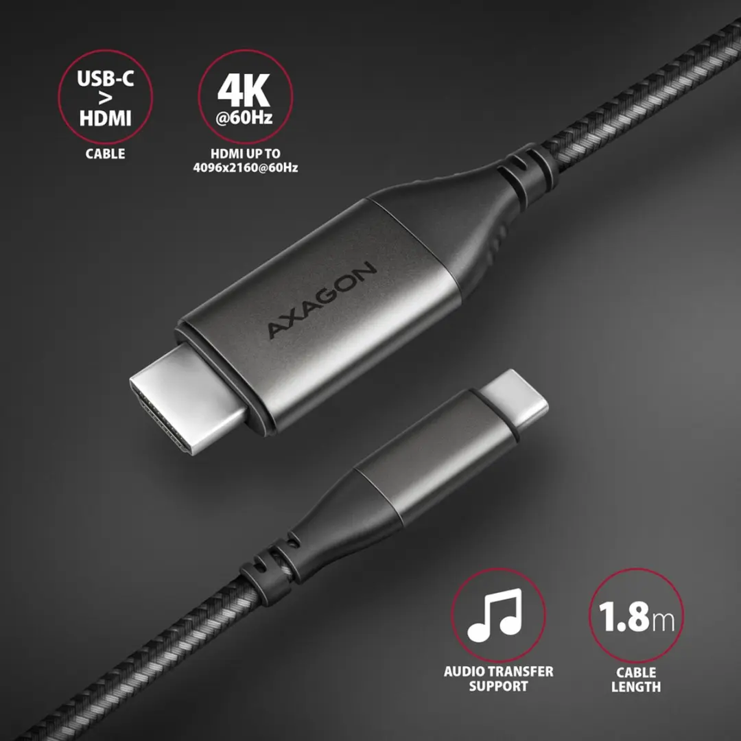 Axagon RVC-HI2MC USB-C naar HDMI Kabel 1.8m - Zwart