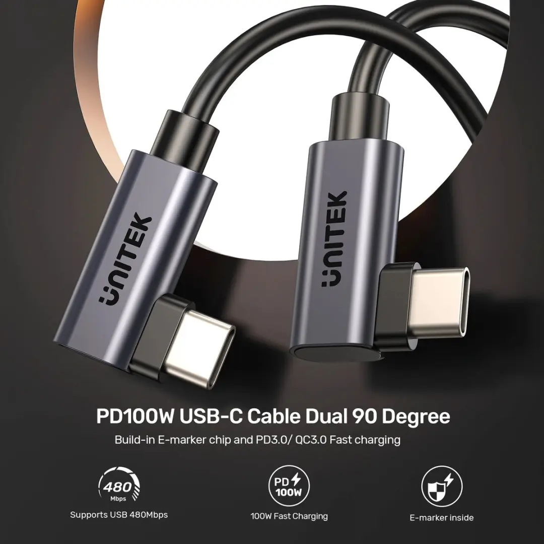 Unitek USB-C naar USB-C PD Kabel 100W 90° - 1m - Zwart - afbeelding 6 van 6