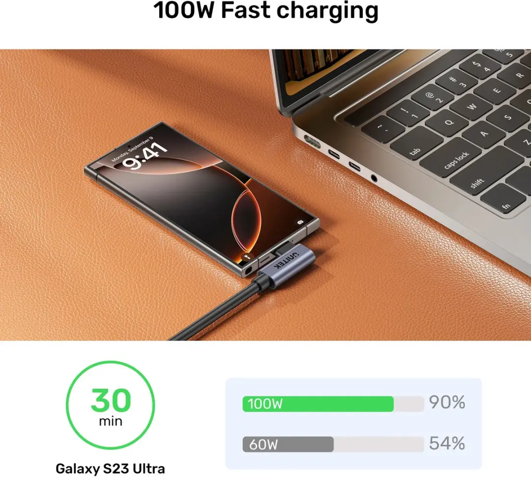 Unitek USB-C naar USB-C PD Kabel 100W 90° - 1m - Zwart
