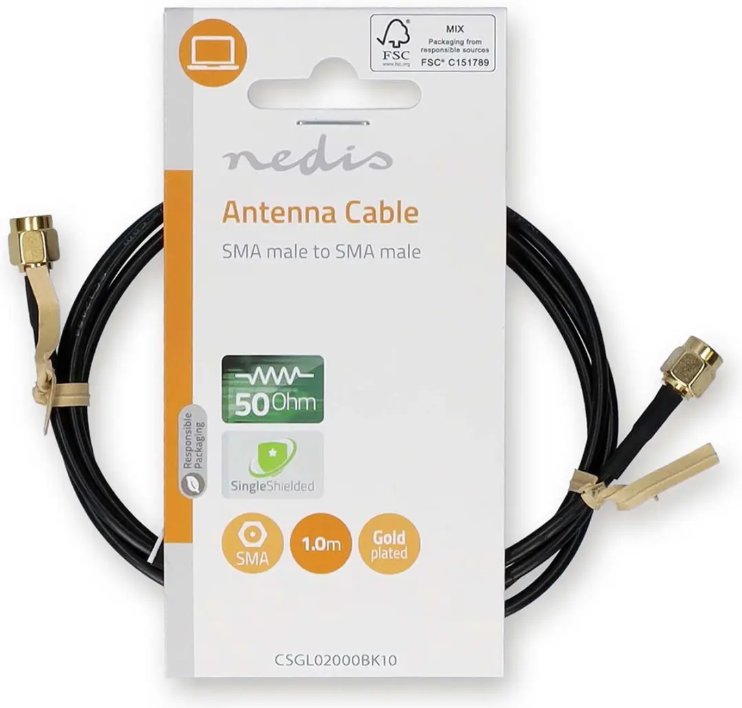Nedis SMA Antennekabel CSGL02000BK10 - 1m - Verguld - Zwart