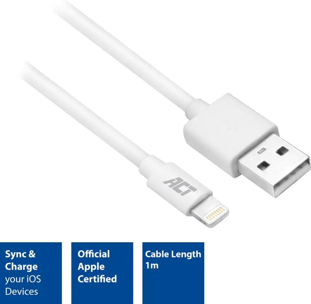 ACT AC3011 USB 2.0 Kabel - A male naar Lightning 1m - Wit