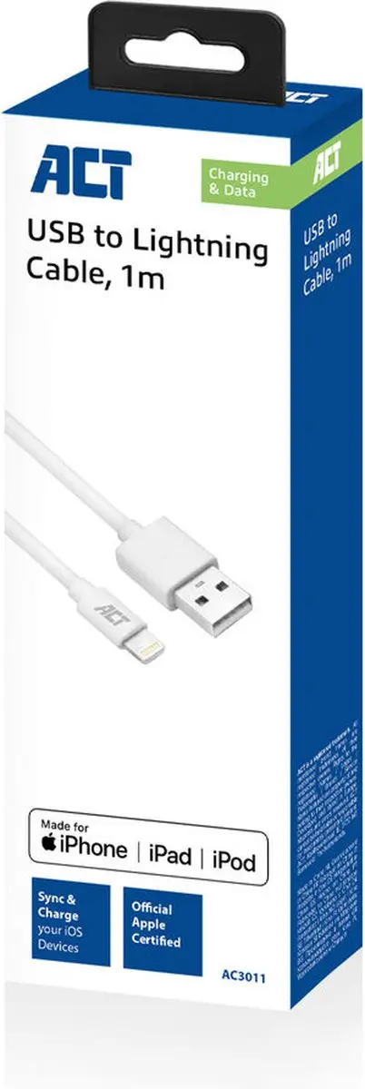 ACT AC3011 USB 2.0 Kabel - A male naar Lightning 1m - Wit