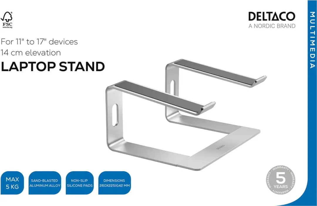 Deltaco ARM-0531 Laptopstandaard - 11-17 inch - Aluminium - Zilver