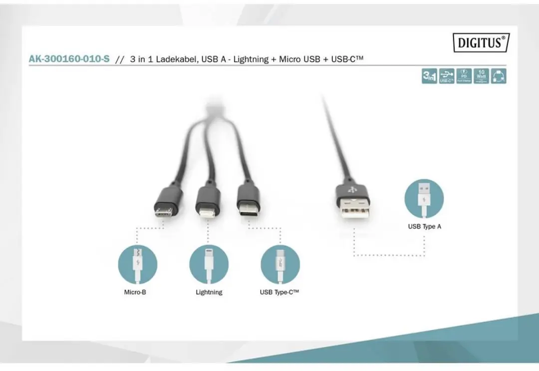 Digitus USB 2.0 Kabel 3-in-1 USB-C/Lightning/Micro-USB 1m - Zwart