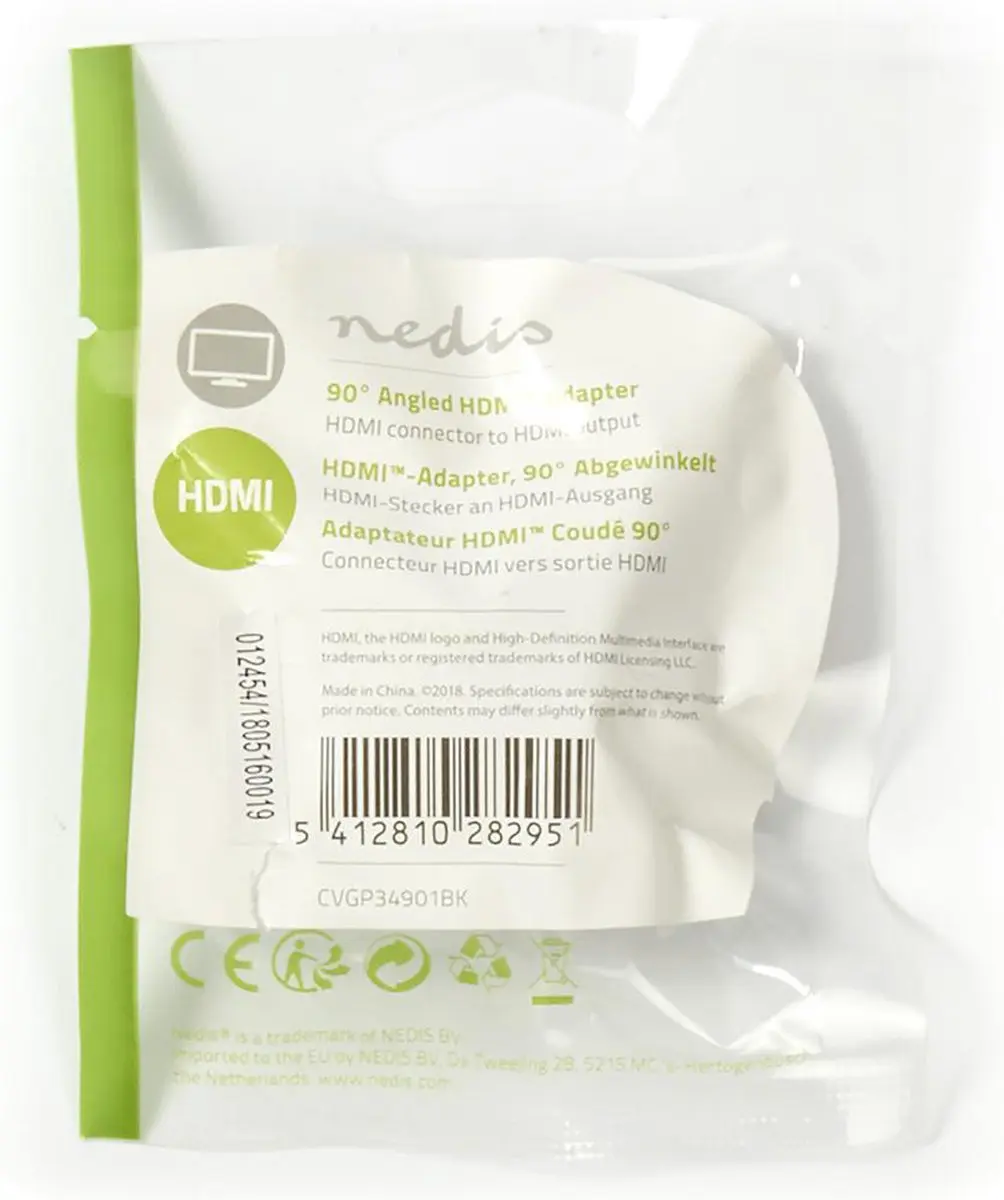 Nedis HDMI Adapter CVGP34901BK - 90° Gehoekt - Verguld - Zwart