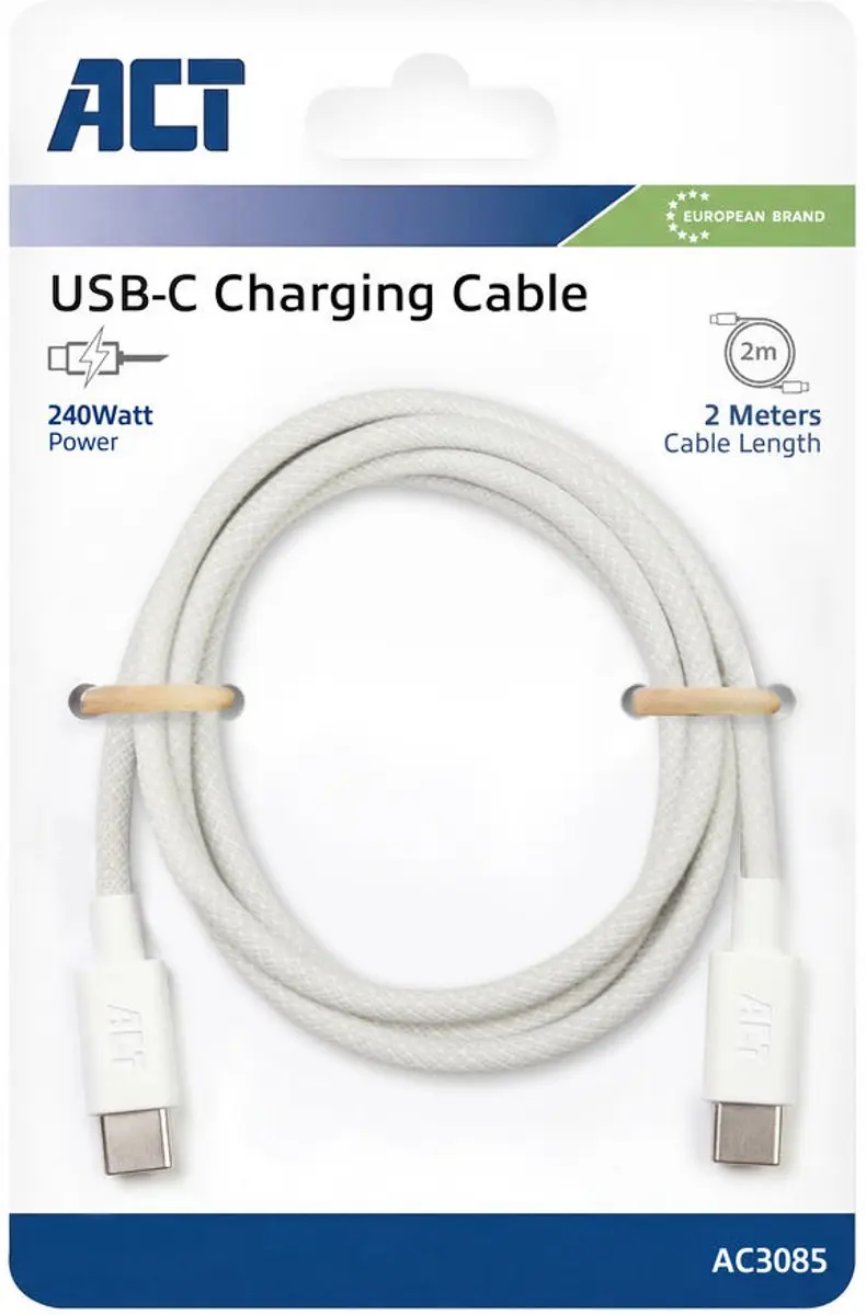 ACT AC3085 USB-C naar USB-C Kabel 240W - Wit - 2m