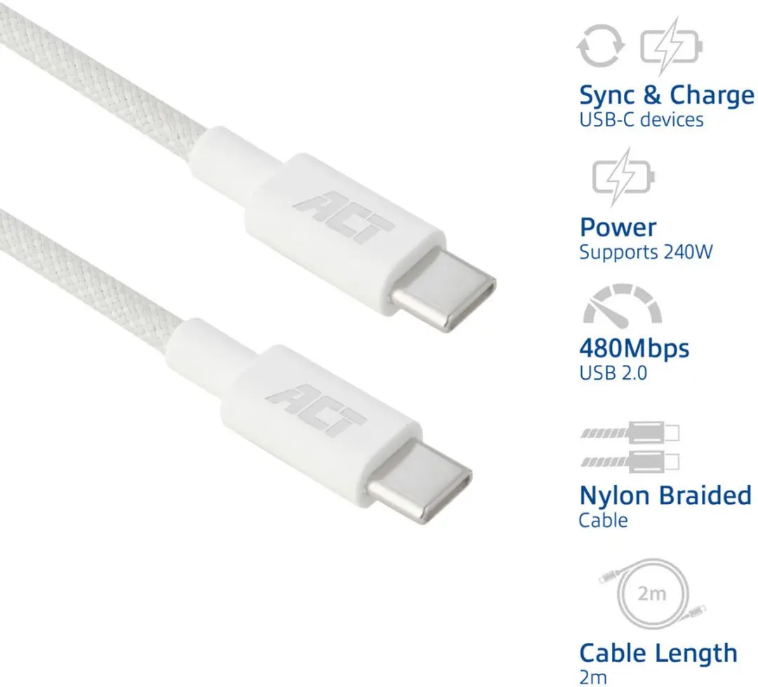 ACT AC3085 USB-C naar USB-C Kabel 240W - Wit - 2m